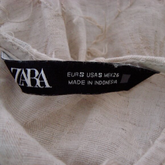 Zara Linen Blend Peplum Top Boho Hippie Fringe Puff Sleeve Natural Beige Small - Picture 5 of 16